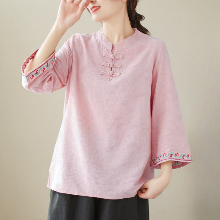 Buddha Stones Lässiges Jacquard-Hemd mit Froschknöpfen für Damen, Rundhalsausschnitt, Dreiviertelärmel, Baumwollleinen - Rosa - US 8-10, UK/AU 12-14, EU 40-42 (2XL) - image 27