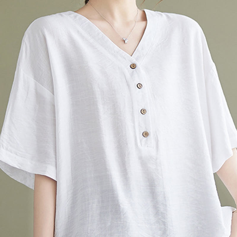 Buddha Stones Lässiges, einfarbiges Viskose-Shirt für Damen mit V-Ausschnitt und halblangen Ärmeln