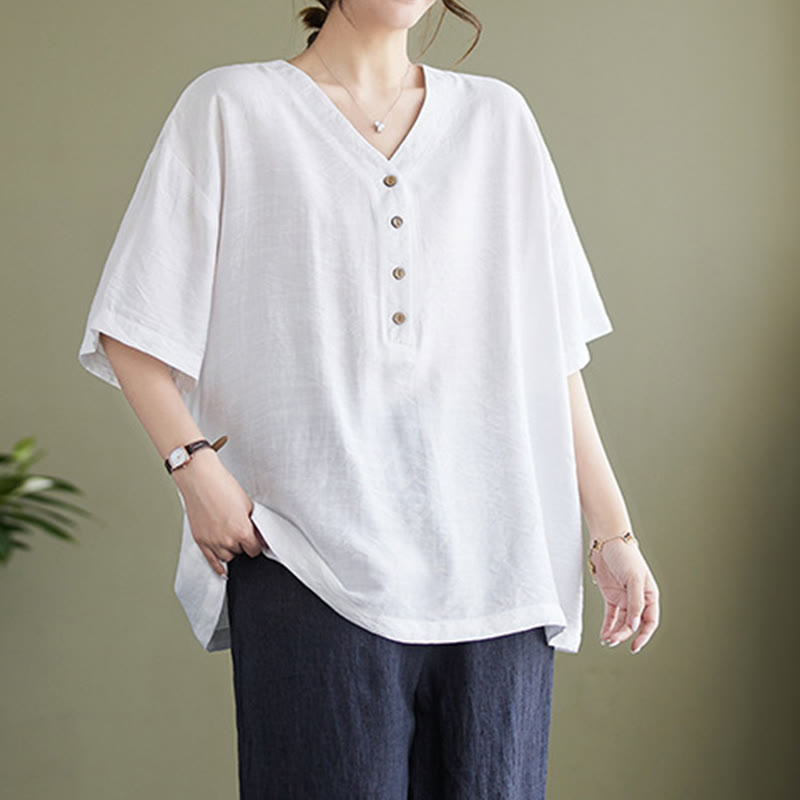 Buddha Stones Lässiges, einfarbiges Viskose-Shirt für Damen mit V-Ausschnitt und halblangen Ärmeln