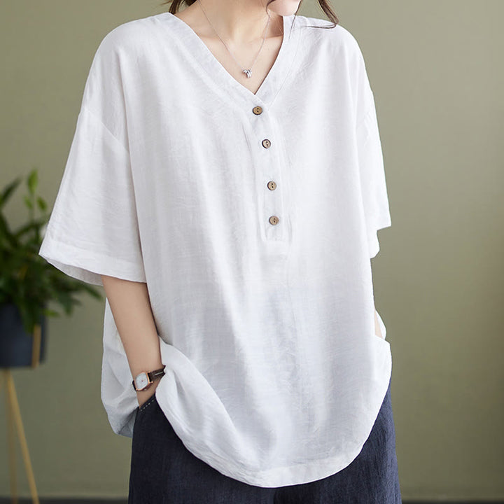 Buddha Stones Lässiges, einfarbiges Viskose-Shirt für Damen mit V-Ausschnitt und halblangen Ärmeln