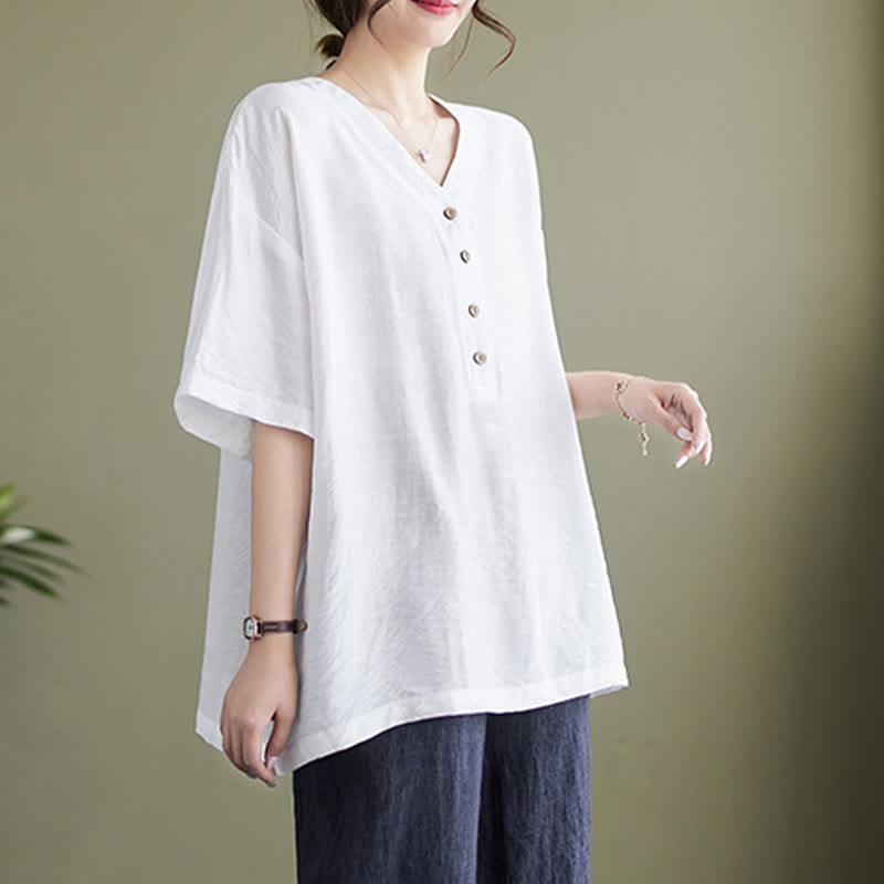 Buddha Stones Lässiges, einfarbiges Viskose-Shirt für Damen mit V-Ausschnitt und halblangen Ärmeln