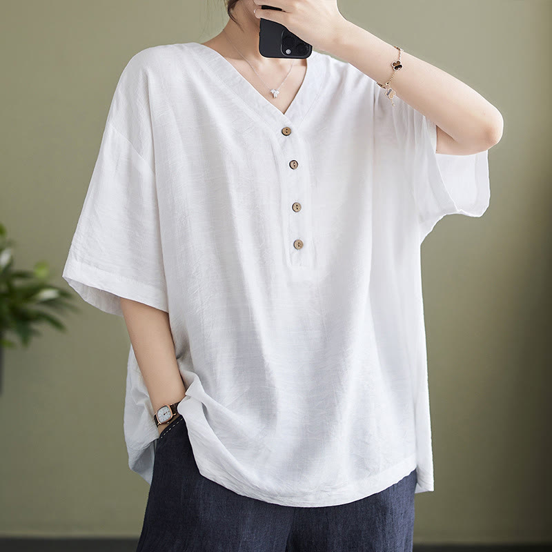 Buddha Stones Lässiges, einfarbiges Viskose-Shirt für Damen mit V-Ausschnitt und halblangen Ärmeln