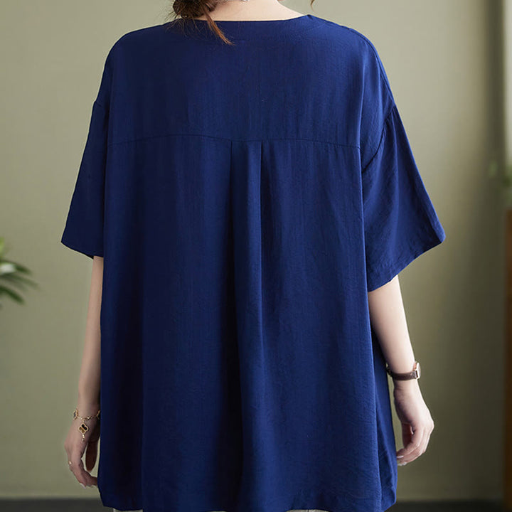 Buddha Stones Lässiges, einfarbiges Viskose-Shirt für Damen mit V-Ausschnitt und halblangen Ärmeln