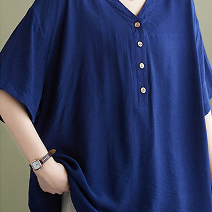 Buddha Stones Lässiges, einfarbiges Viskose-Shirt für Damen mit V-Ausschnitt und halblangen Ärmeln