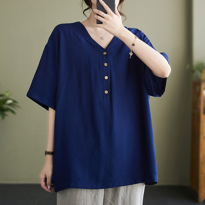 Buddha Stones Lässiges, einfarbiges Viskose-Shirt für Damen mit V-Ausschnitt und halblangen Ärmeln