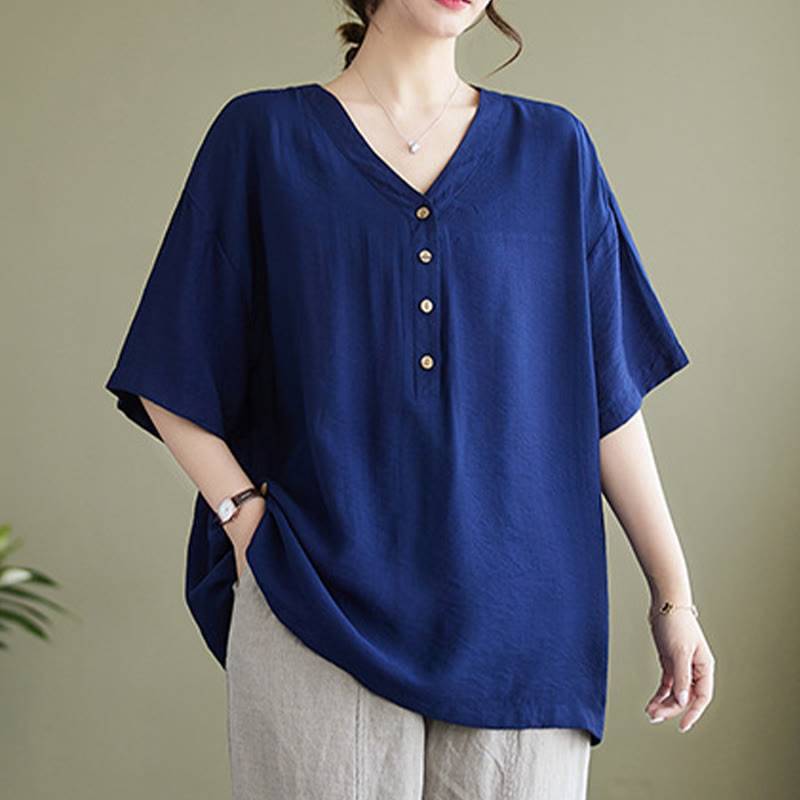 Buddha Stones Lässiges, einfarbiges Viskose-Shirt für Damen mit V-Ausschnitt und halblangen Ärmeln