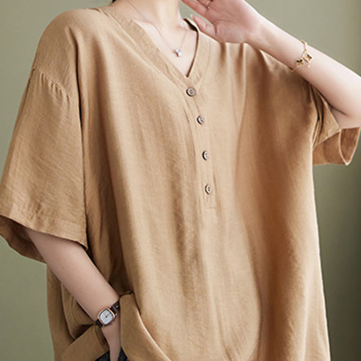 Buddha Stones Lässiges, einfarbiges Viskose-Shirt für Damen mit V-Ausschnitt und halblangen Ärmeln