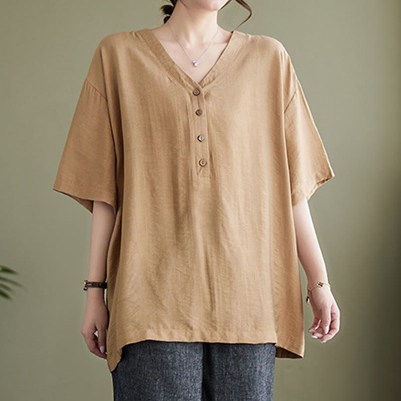 Buddha Stones Lässiges, einfarbiges Viskose-Shirt für Damen mit V-Ausschnitt und halblangen Ärmeln