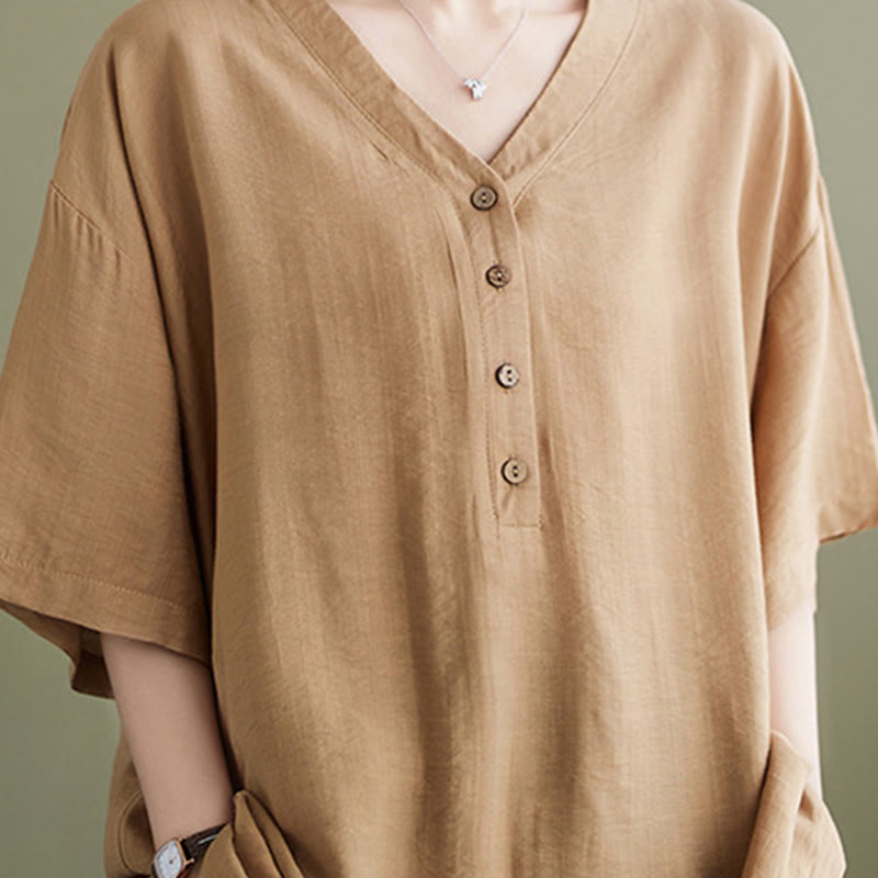 Buddha Stones Lässiges, einfarbiges Viskose-Shirt für Damen mit V-Ausschnitt und halblangen Ärmeln
