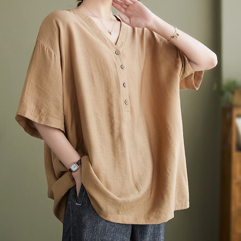Buddha Stones Lässiges, einfarbiges Viskose-Shirt für Damen mit V-Ausschnitt und halblangen Ärmeln