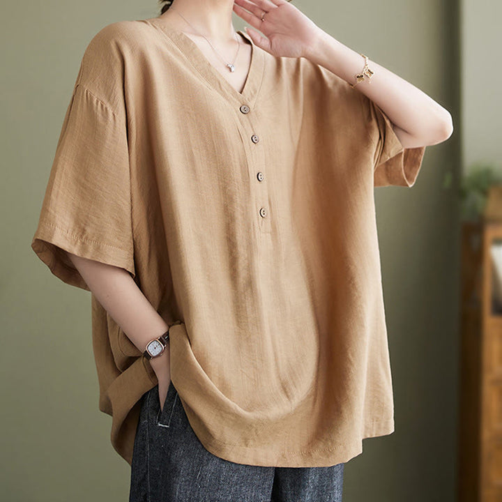 Buddha Stones Lässiges, einfarbiges Viskose-Shirt für Damen mit V-Ausschnitt und halblangen Ärmeln