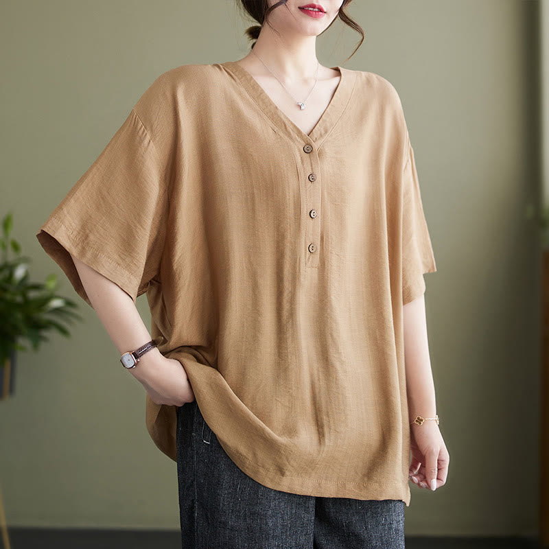 Buddha Stones Lässiges, einfarbiges Viskose-Shirt für Damen mit V-Ausschnitt und halblangen Ärmeln