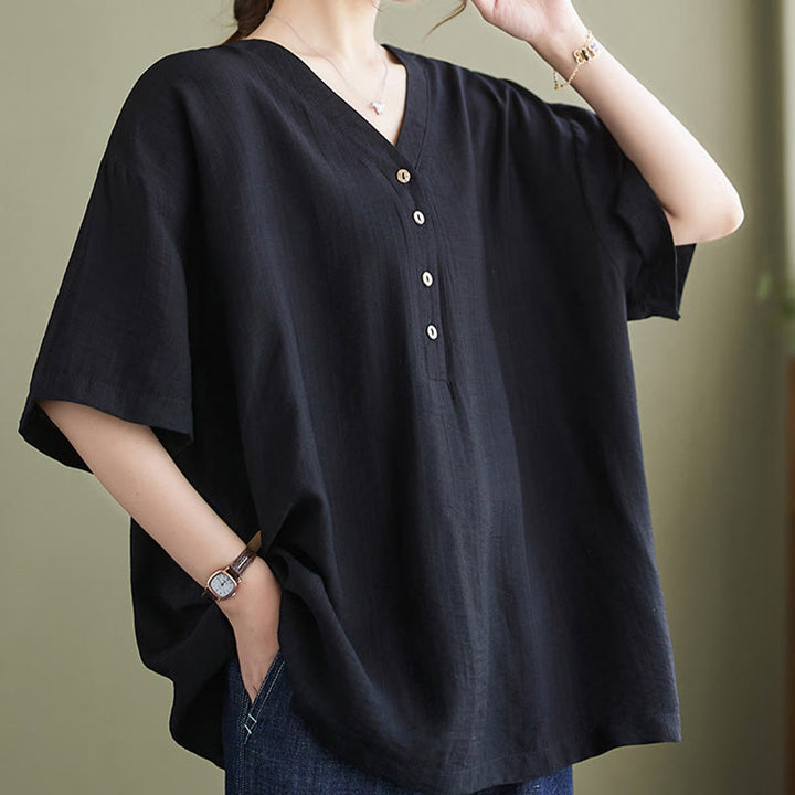 Buddha Stones Lässiges, einfarbiges Viskose-Shirt für Damen mit V-Ausschnitt und halblangen Ärmeln