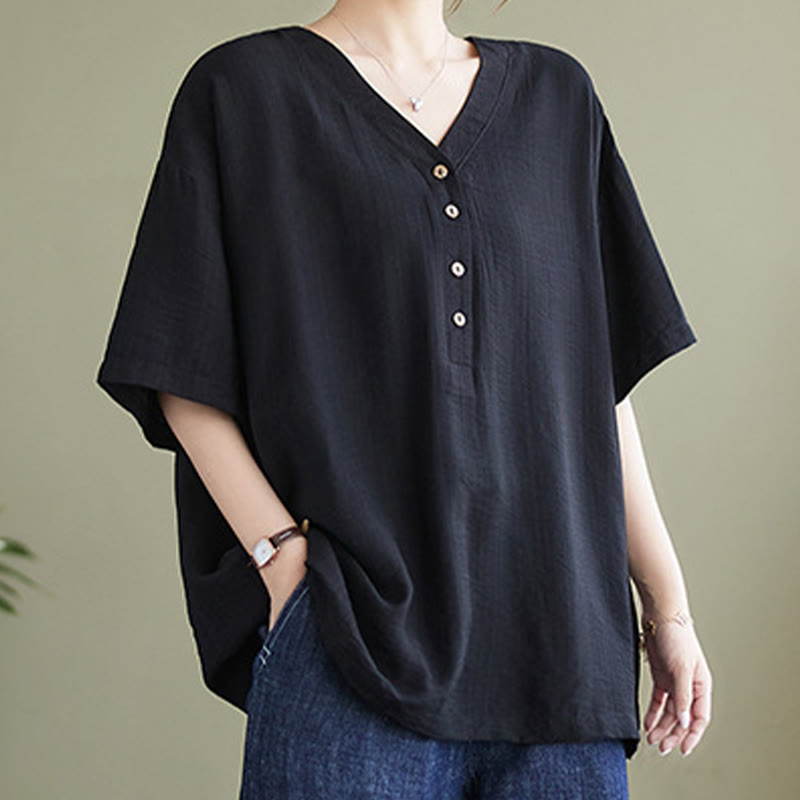 Buddha Stones Lässiges, einfarbiges Viskose-Shirt für Damen mit V-Ausschnitt und halblangen Ärmeln