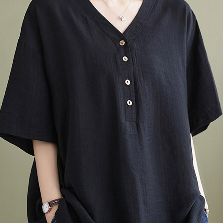 Buddha Stones Lässiges, einfarbiges Viskose-Shirt für Damen mit V-Ausschnitt und halblangen Ärmeln