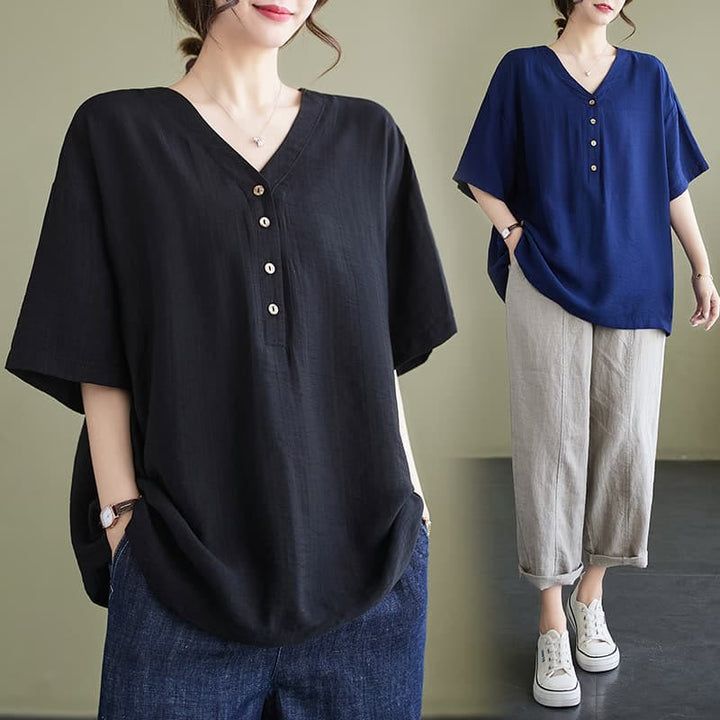 Buddha Stones Lässiges, einfarbiges Viskose-Shirt für Damen mit V-Ausschnitt und halblangen Ärmeln