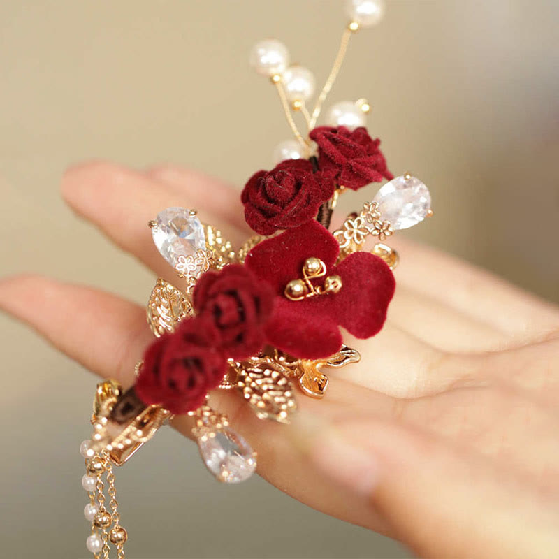 Haarspange mit Buddha Stones im Retro-chinesischen Stil, rote Kamelie, seitliche Quaste