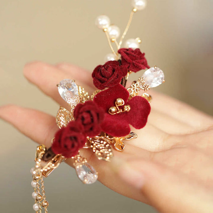 Haarspange mit Buddha Stones im Retro-chinesischen Stil, rote Kamelie, seitliche Quaste