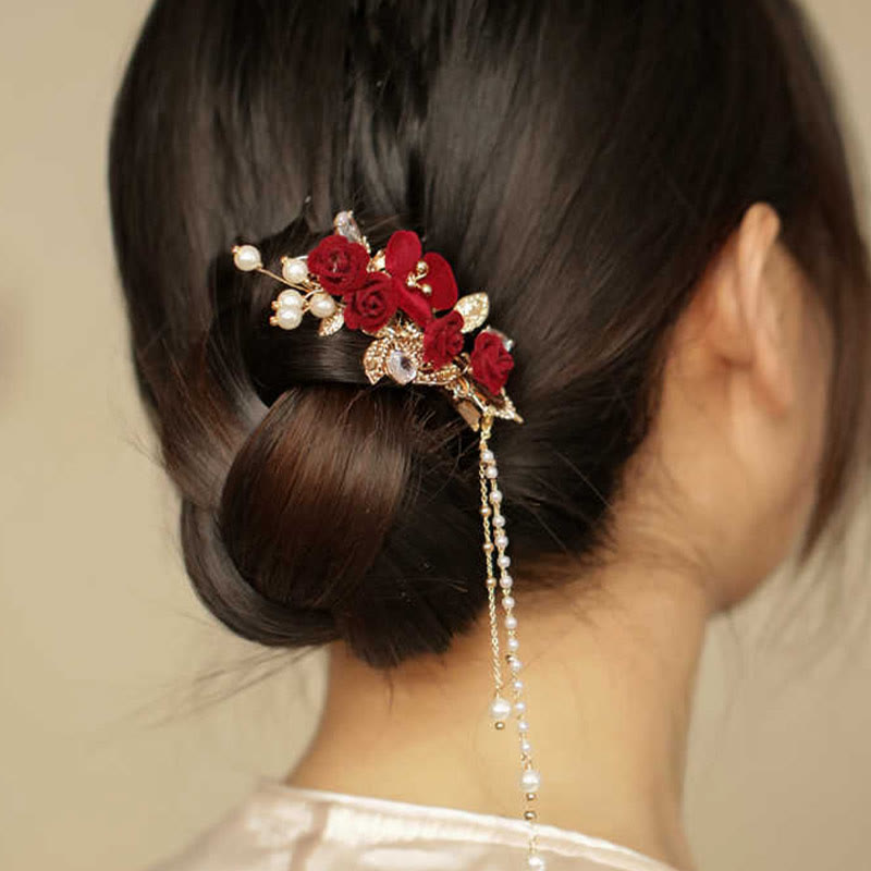 Haarspange mit Buddha Stones im Retro-chinesischen Stil, rote Kamelie, seitliche Quaste
