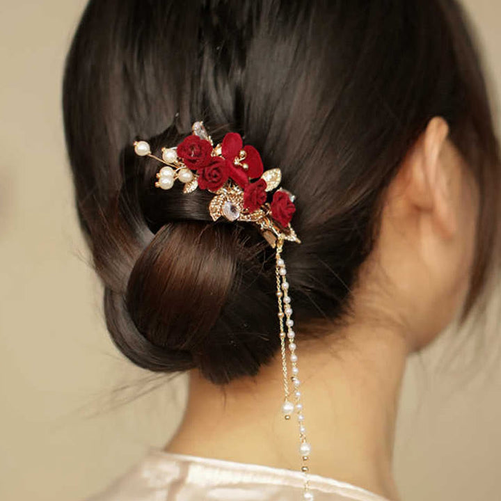 Haarspange mit Buddha Stones im Retro-chinesischen Stil, rote Kamelie, seitliche Quaste