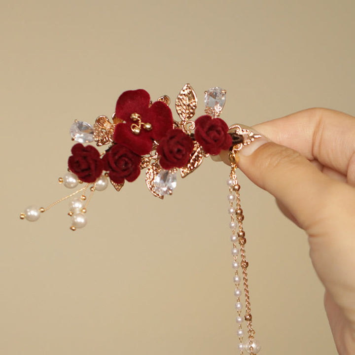 Haarspange mit Buddha Stones im Retro-chinesischen Stil, rote Kamelie, seitliche Quaste