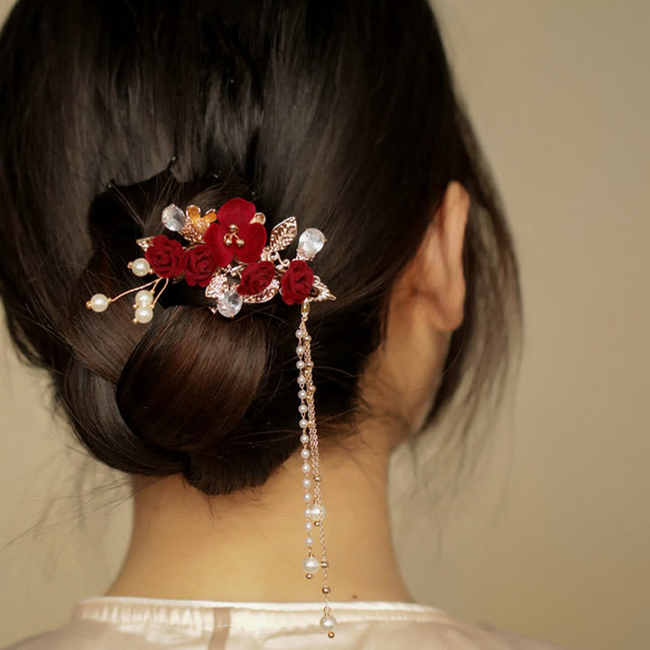 Haarspange mit Buddha Stones im Retro-chinesischen Stil, rote Kamelie, seitliche Quaste