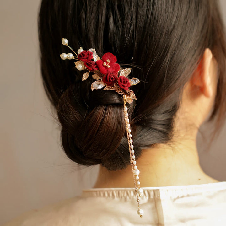 Haarspange mit Buddha Stones im Retro-chinesischen Stil, rote Kamelie, seitliche Quaste