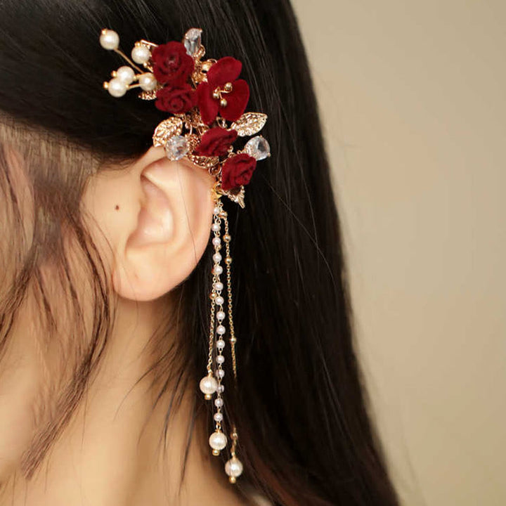 Haarspange mit Buddha Stones im Retro-chinesischen Stil, rote Kamelie, seitliche Quaste