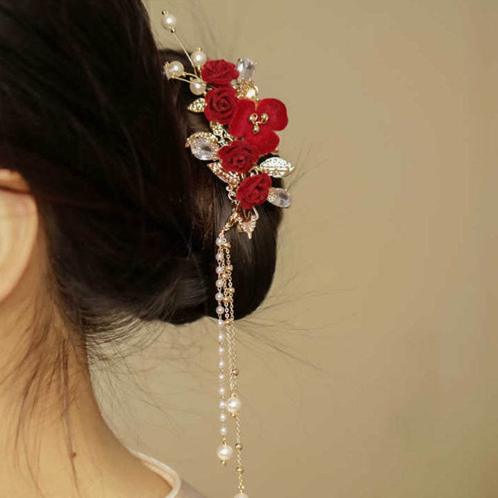 Haarspange mit Buddha Stones im Retro-chinesischen Stil, rote Kamelie, seitliche Quaste