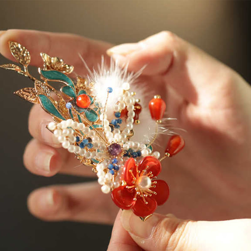 Haarspange mit Buddha Stones im klassischen chinesischen Stil, rote Blume, Schmetterling, Perle