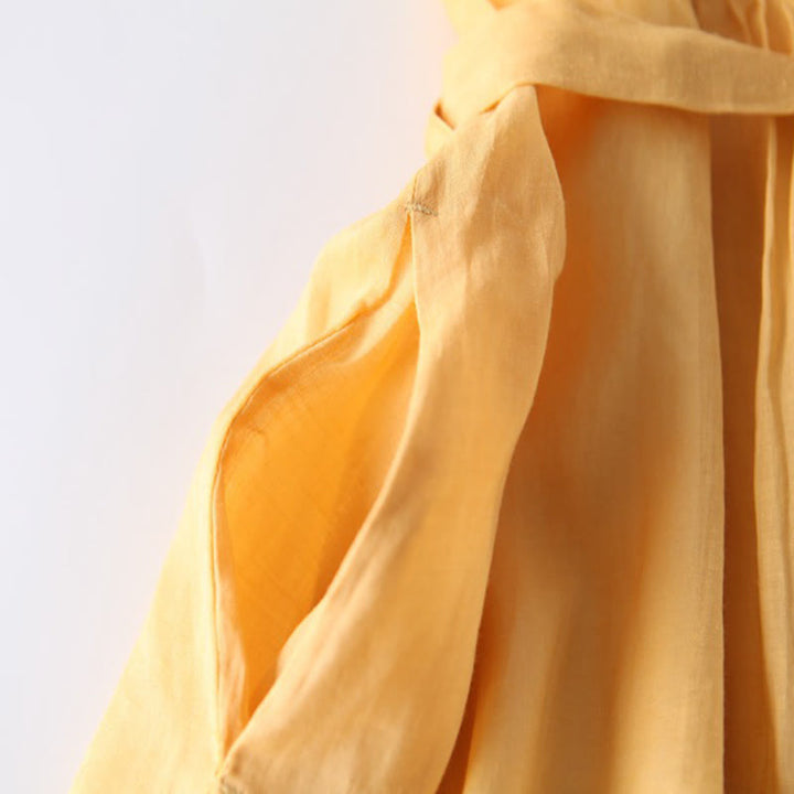 Buddha Stones – Lässiges, schlichtes Midikleid aus Baumwolle und Leinen mit Rundhalsausschnitt, halblangen Ärmeln und Taschen