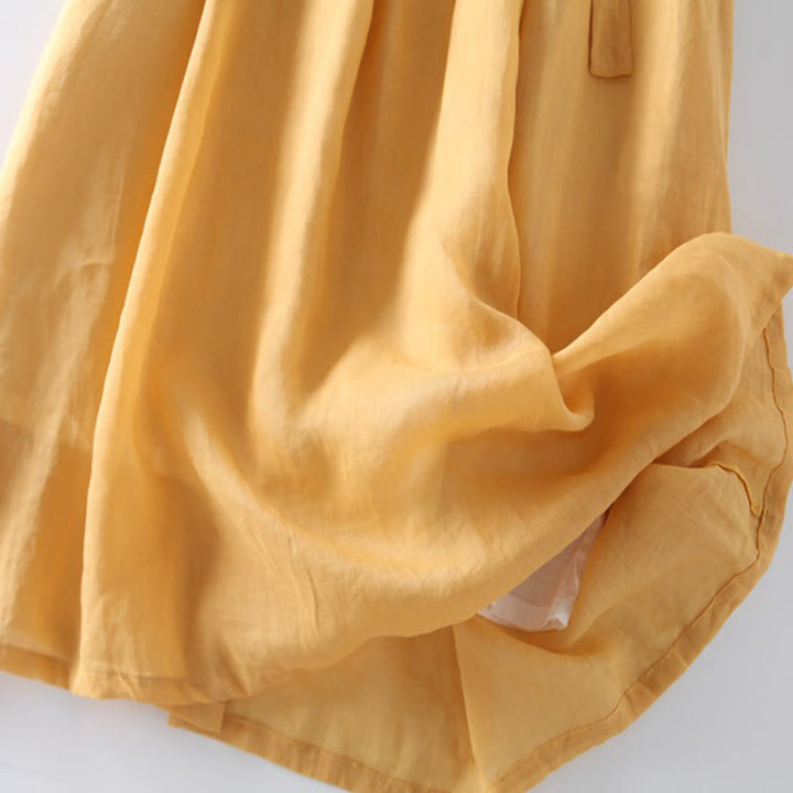 Buddha Stones – Lässiges, schlichtes Midikleid aus Baumwolle und Leinen mit Rundhalsausschnitt, halblangen Ärmeln und Taschen