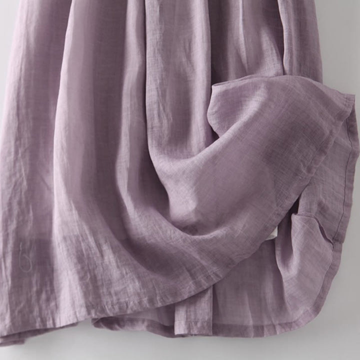 Buddha Stones – Lässiges, schlichtes Midikleid aus Baumwolle und Leinen mit Rundhalsausschnitt, halblangen Ärmeln und Taschen