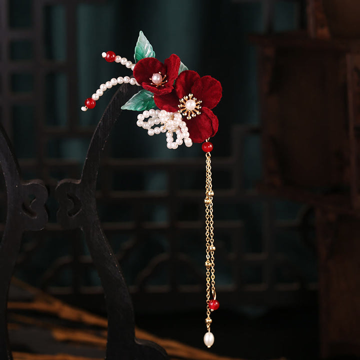 Haarspange-Set mit Buddha Stones, Antiquitäten, roten Blumen, Perlenquasten