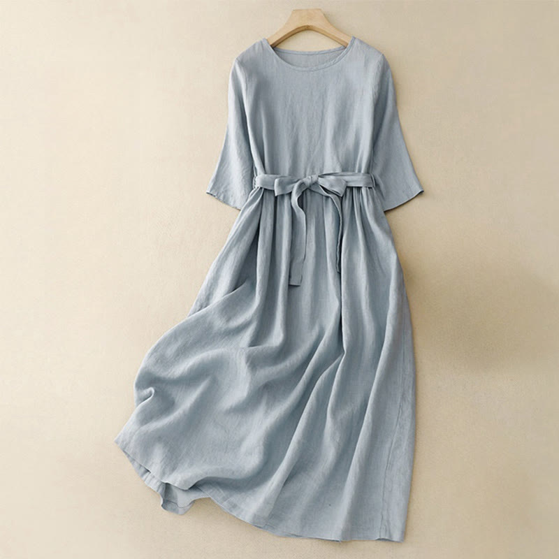 Buddha Stones – Lässiges, schlichtes Midikleid aus Baumwolle und Leinen mit Rundhalsausschnitt, Schnürung und halblangen Ärmeln und Taschen - Himmelblau - US 8-10, UK/AU 12-14, EU 40-42 (2XL) - image 7