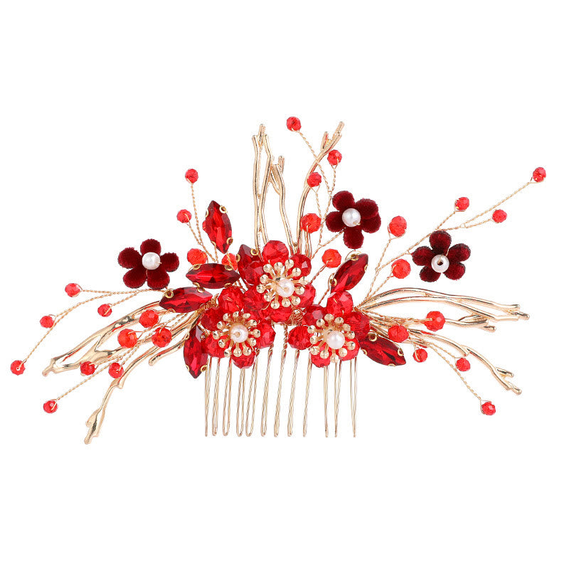 Buddha Stones Chinesische Hochzeit Goldene Rote Blume Branche Haar Kamm