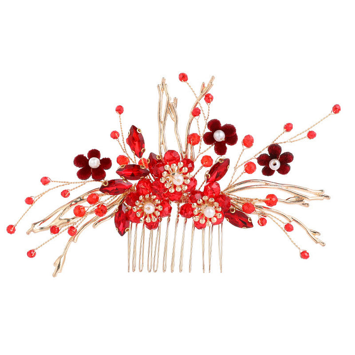 Buddha Stones Chinesische Hochzeit Goldene Rote Blume Branche Haar Kamm