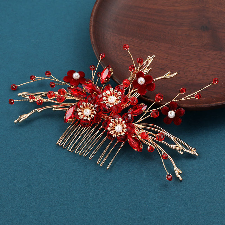 Buddha Stones Chinesische Hochzeit Goldene Rote Blume Branche Haar Kamm