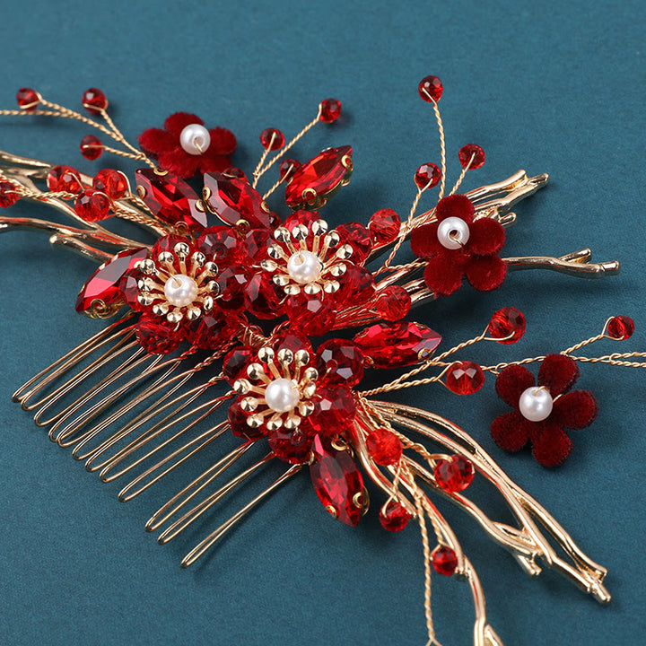 Buddha Stones Chinesische Hochzeit Goldene Rote Blume Branche Haar Kamm