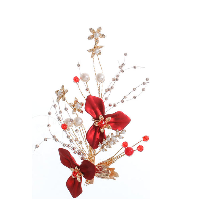 Buddha Stones Chinesische Hochzeit Braut Rote Blume Branche Perle Haar Clip Set