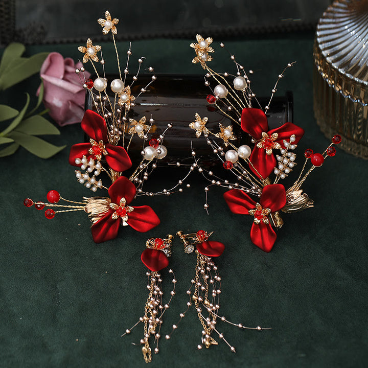 Buddha Stones Chinesische Hochzeit Braut Rote Blume Branche Perle Haar Clip Set