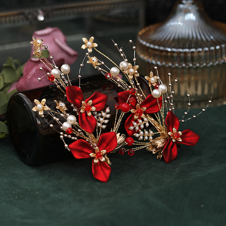 Buddha Stones Chinesische Hochzeit Braut Rote Blume Branche Perle Haar Clip Set