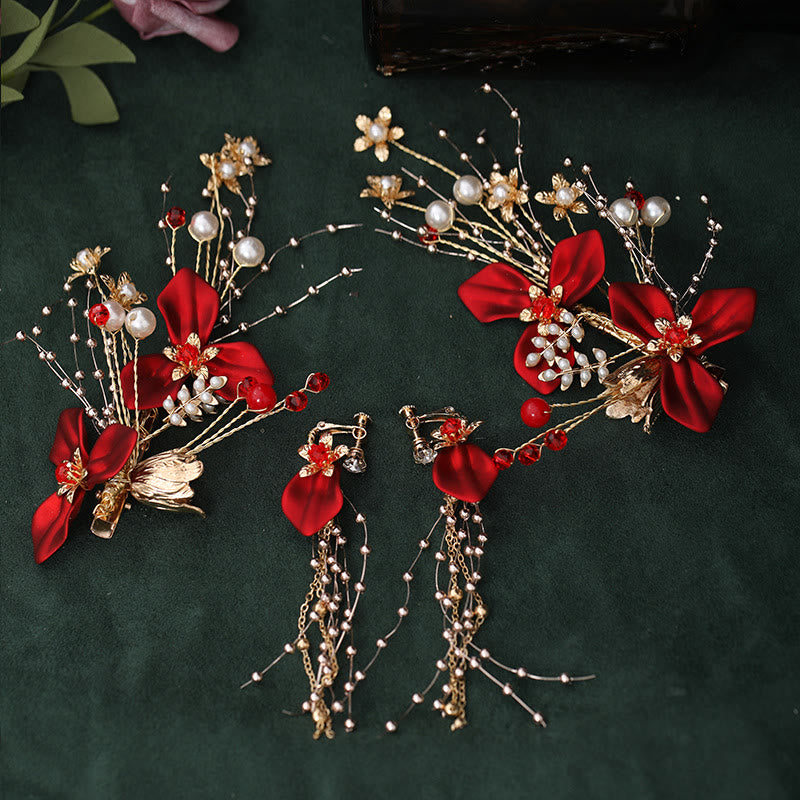 Buddha Stones Chinesische Hochzeit Braut Rote Blume Branche Perle Haar Clip Set