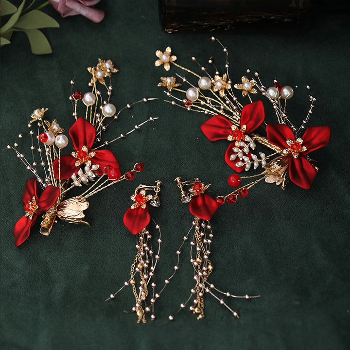 Buddha Stones Chinesische Hochzeit Braut Rote Blume Branche Perle Haar Clip Set