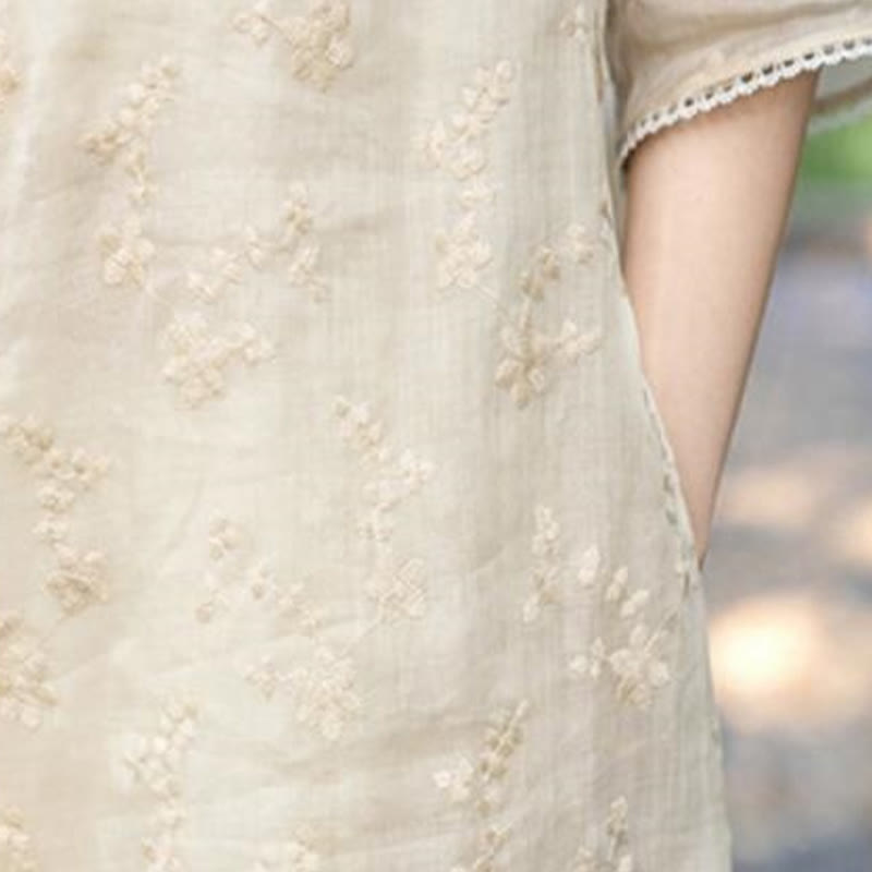 Buddha Stones – Lässiges Ramie-Midikleid mit besticktem Schrägkragen, Stehkragen, halblangen Ärmeln und Taschen - image 7