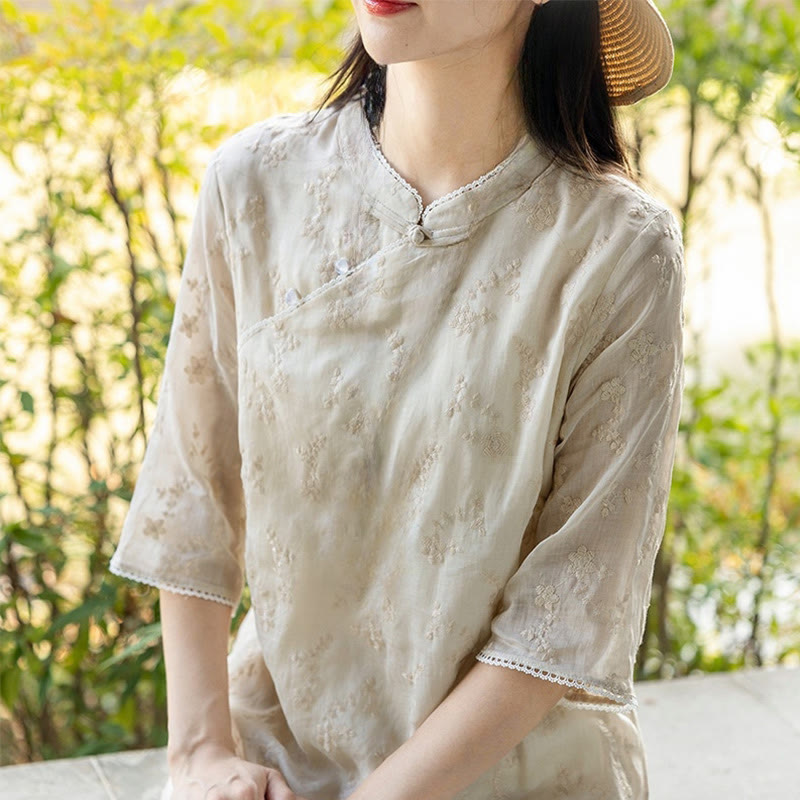 Buddha Stones – Lässiges Ramie-Midikleid mit besticktem Schrägkragen, Stehkragen, halblangen Ärmeln und Taschen - image 3