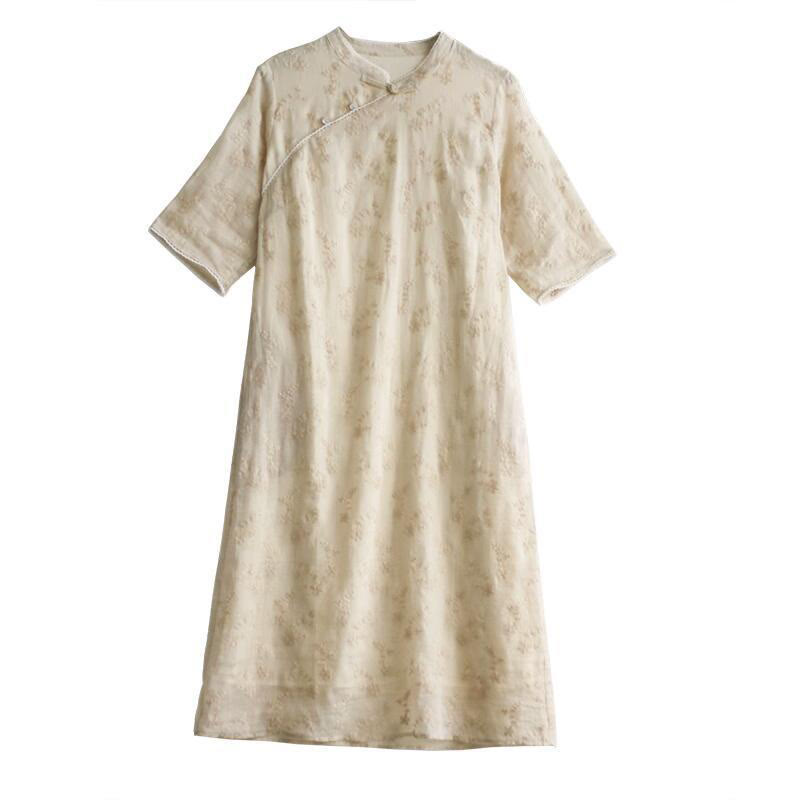 Buddha Stones – Lässiges Ramie-Midikleid mit besticktem Schrägkragen, Stehkragen, halblangen Ärmeln und Taschen - image 9