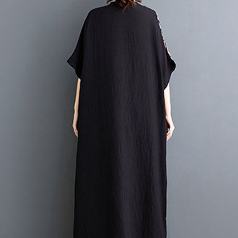 Buddha Stones Lässiges, lockeres Midikleid aus Baumwolle und Leinen mit V-Ausschnitt, halblangen Ärmeln und Taschen - image 2