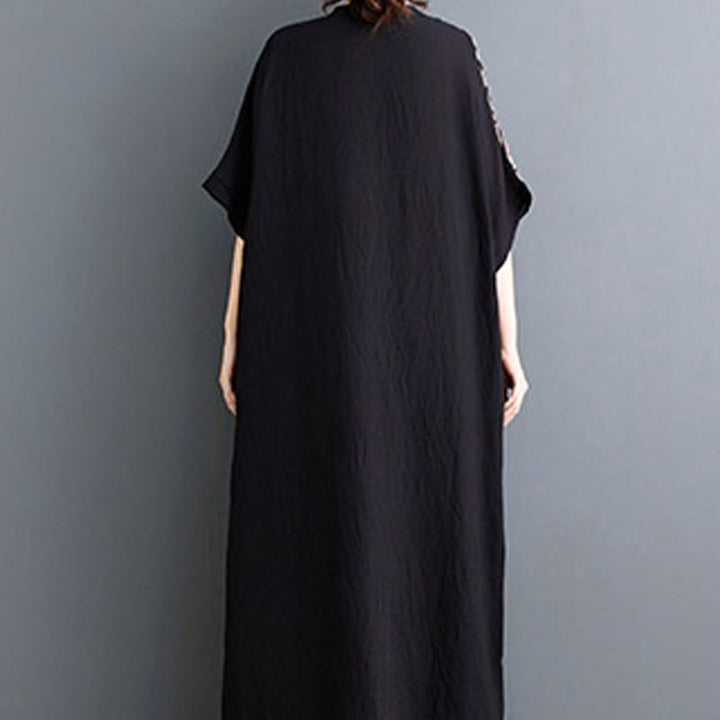 Buddha Stones Lässiges, lockeres Midikleid aus Baumwolle und Leinen mit V-Ausschnitt, halblangen Ärmeln und Taschen - image 2