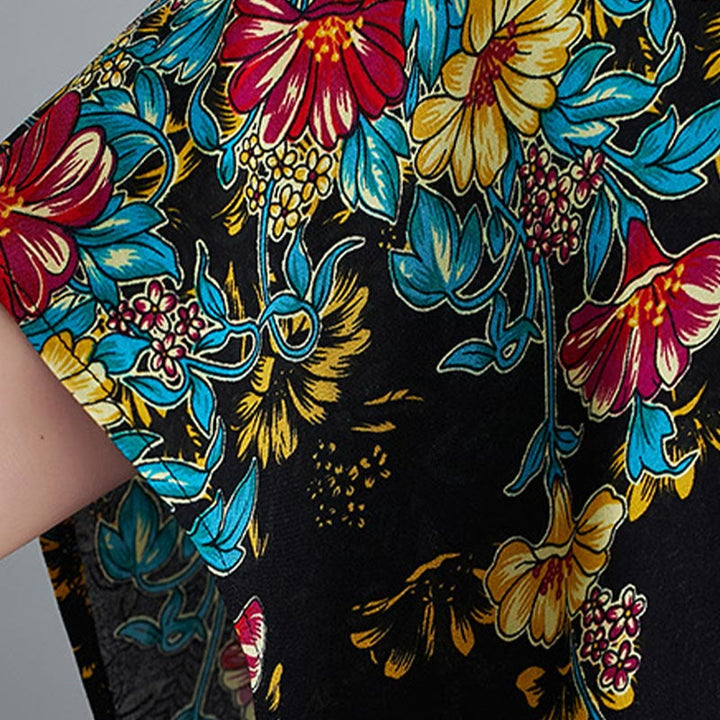 Buddha Stones Lässiges, lockeres Midikleid aus Polyester mit Blumenmuster, V-Ausschnitt, halblangen Ärmeln und Taschen